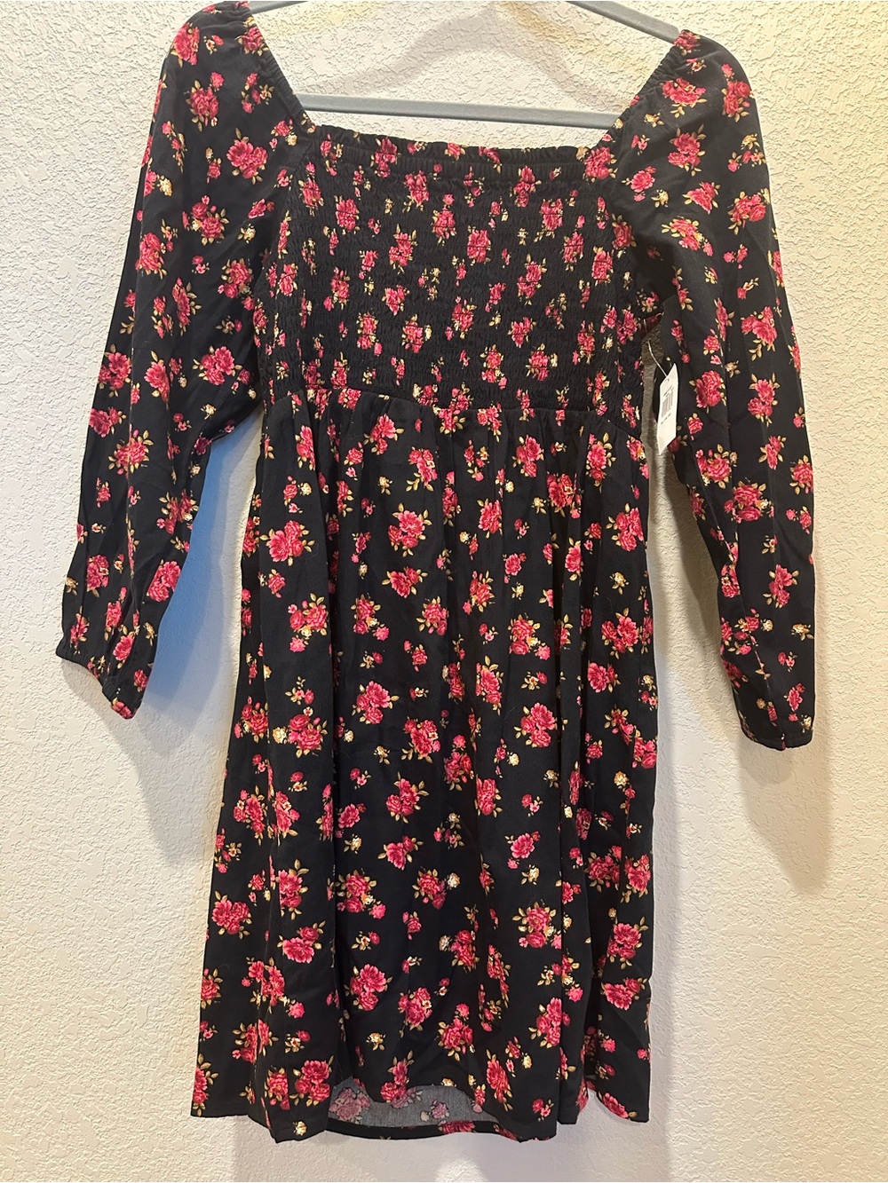 Old Navy Black Floral Smocked Dress with Pink Roses